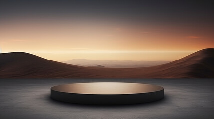 Minimal podium in a desert, dark environment, gradient sky, for product presentation with copy space