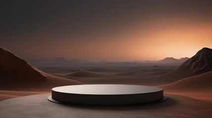 Fotobehang Minimal podium in a desert, dark environment, gradient sky, for product presentation with copy space © Keitma