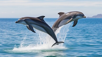 Dolphin Jumping From Open Water in Sea Under Blue Cloudy Sky With Bright Sun