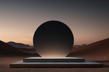 Minimal podium in a desert, dark environment, gradient sky, for product presentation with copy space