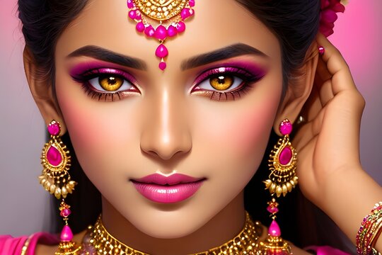 Portrait of an Indian woman with makeup and jewellery. Indian beauty ai generative image