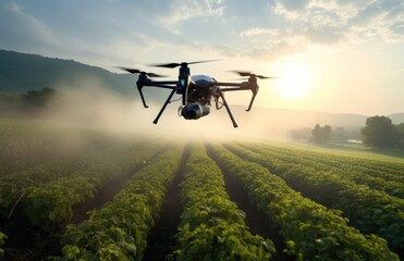 Smart farm drone flying spray Modern technologies in agriculture. industrial drone flies over green field and sprays useful pesticides to increase productivity destroys harmful insects. 