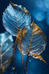 autumn leaves on the tree, Macro Shot of Two Transparent Skeleton Leaves on a Wet Surface Against a Beautiful Blue Nature Background with Gorgeous Lighting.