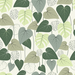 Fototapeta na wymiar Floral seamless pattern. Monstera and philodendron leaves whimsical arrangement. Aesthetic allover print foliage background