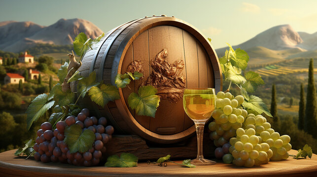 Barril de vinho com vinhedo