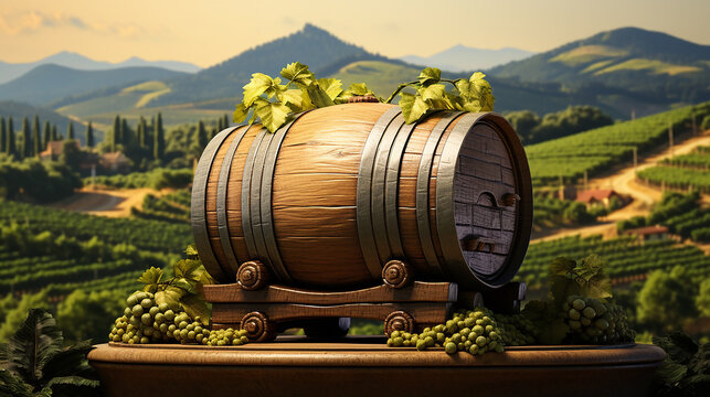 Barril de vinho com vinhedo