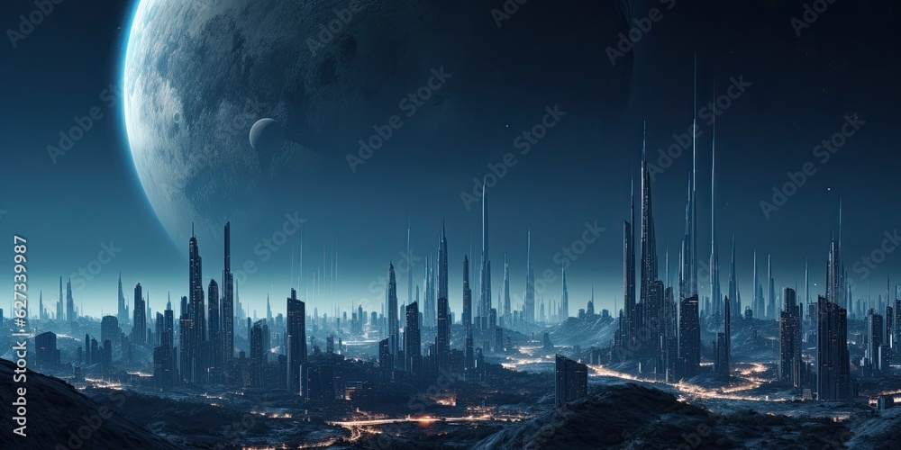 Wall mural Illustration of a futuristic modern city at night with a big moon.