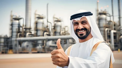 Foto op Canvas Arab man in keffiyeh against the background of an oil refinery with a joyful expression on his face © Alex Bur