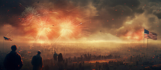 Fototapeta premium An American crowd watching fireworks on Independence day in the USA. Patriotism on July 4th.