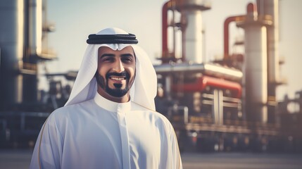 Fototapeta na wymiar Arab man in keffiyeh against the background of an oil refinery with a joyful expression on his face