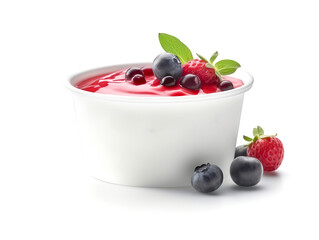 Delicious berry yoghurt with fresh berries on white background.