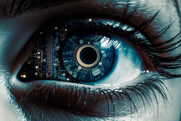 Human eyes with super high-tech machines built in , human enhancement or cyborg concept