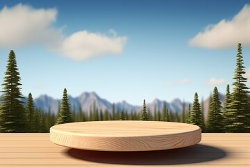 Obraz premium 3D rendering product display podium, mock-up stage for products with blur nature background. Generative AI
