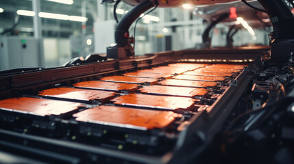 Mass production assembly line of electric car battery cells in a busy factory - obrazy, fototapety, plakaty