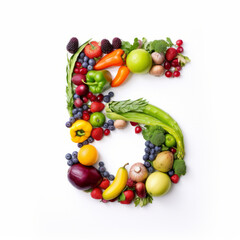 Number 5 made of fruits and vegetables , 5 fruits and vegetables a day illustration concept © Keitma