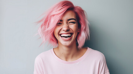 young laughing woman with pastel pink hair, tongue sticking out, blue eyes, peace gestures funny facial expressions - obrazy, fototapety, plakaty