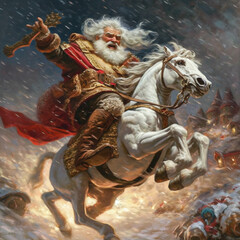 Christmas Santa Claus raiding horse, Ai generated art illustration. 