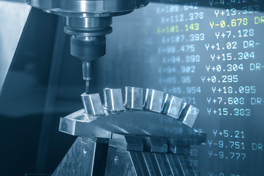 Abstract scene the 5-axis machining center cutting the water turbine blade part and G-code data background.