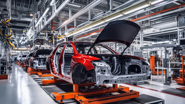Mass production assembly line of modern cars in a busy factory