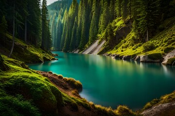 beautiful lakes in forest generative by AI technology