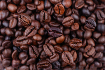 Brown Roasted Coffee Beans Closeup On, selective focus, soft focus.