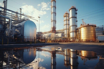 Fototapeta premium Outside an oil refinery. Pipes, oil, installations for oil. Factory. Energy. Oil. AI generation