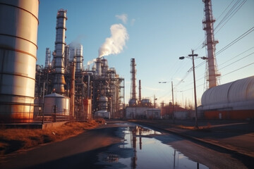 Outside an oil refinery. Pipes, oil, installations for oil. Factory. Energy. Oil. AI generation