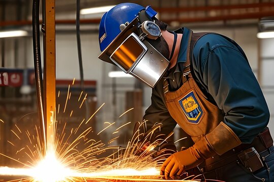 Welder at work. Labor day. Worker welding at factory. AI Generative