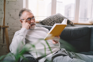 Focused aged man resting on sofa and reading book