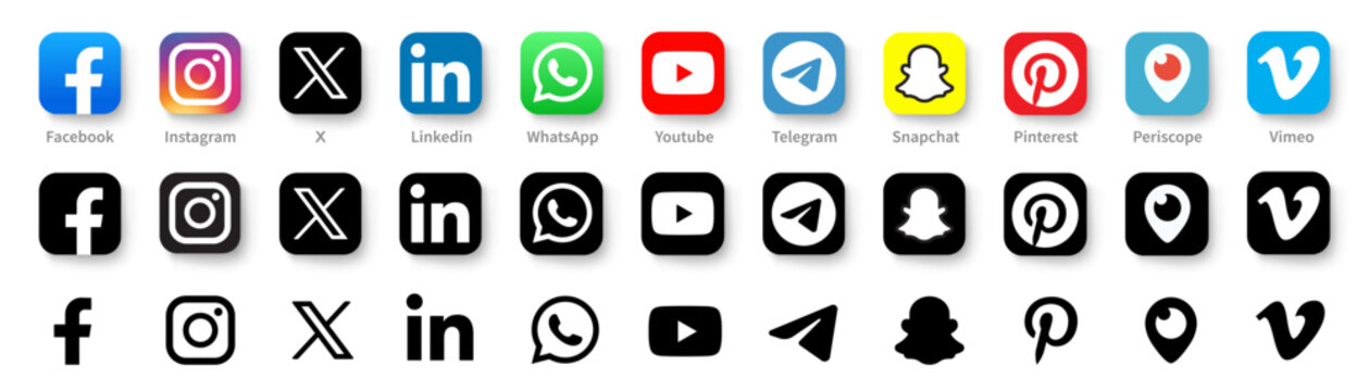 Realistic social media logotype collection: Facebook, X, instagram, twitter, youtube, linkedin, snapchat, telegram, pinterest, whatsap, periscope, vimeo. Social media icons. - stock vector editorial.