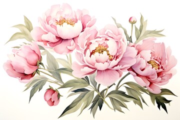 Elegant  watercolor peonies flowers isolated on 
white background. Floral  illustration created with Generative AI technology