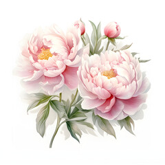 Elegant  watercolor peonies flowers isolated on 
white background. Floral  illustration created with Generative AI technology