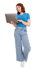 Using laptop, full body length young student using laptop. Typing, browsing internet, coding,...