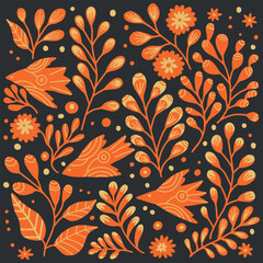 Pattern with abstract birds and plants in orange.Suitable for print design, fabric, packaging and more.