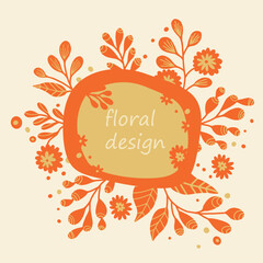 Decorative vector frame. Abstract orange leaves and flowers in folk art style. Design template, place for text. Floral border. Lace decor for birthday and postcard, wedding invitation.