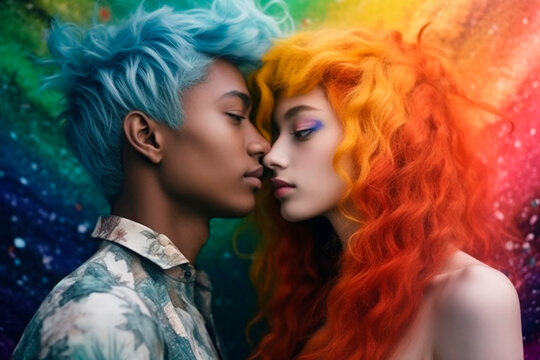 Transgender pair of lovers for pride Month LGBT in rainbow colours