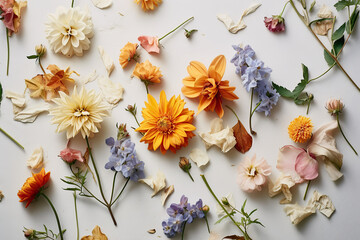 Obraz na płótnie Canvas Scattering of flowers against a white background