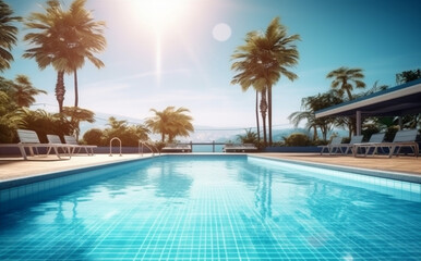 luxury blue palm pool swimming water home summer large relaxation. Generative AI.