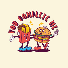 illustration of french fries and burger characters friends