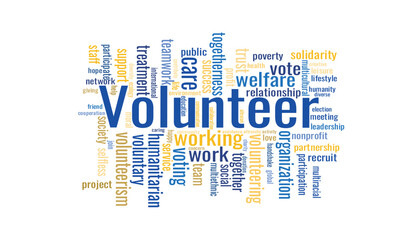 Illustration in the form of a cloud of words related to a Volunteer.