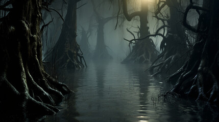 An eerie swamp with gnarled trees and fog, where mysterious creatures lurk beneath the surface. Generative AI