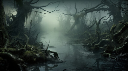 An eerie swamp with gnarled trees and fog, where mysterious creatures lurk beneath the surface. Generative AI