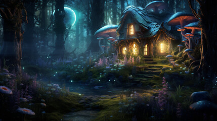 A witch's cabin deep in the woods, surrounded by magical plants and glowing mushrooms. Generative AI