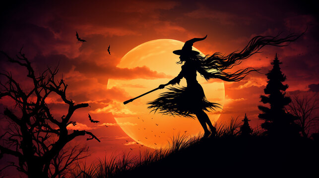 A witch flying on her broomstick across the full moon, silhouetted against the night sky. Generative AI