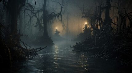 A creepy haunted swamp with will-o'-the-wisps leading the way through the mist. Generative AI - obrazy, fototapety, plakaty