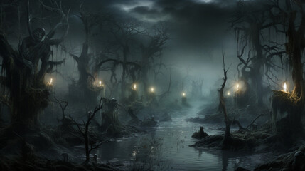 Fototapeta premium A creepy haunted swamp with will-o'-the-wisps leading the way through the mist. Generative AI