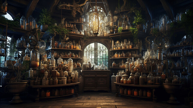 A witch's apothecary filled with shelves of magical ingredients and potions in dusty bottles. Generative AI