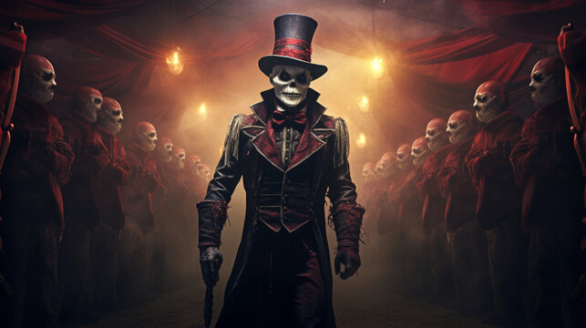 A sinister carnival ringmaster leading a parade of creepy and mystical performers. Generative AI