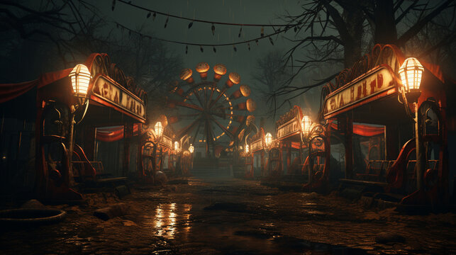 A spooky abandoned carnival with rusted rides and eerie music drifting through the air. Generative AI