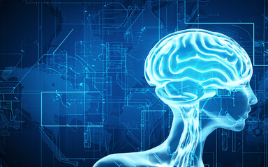 Human brain and technology. Futuristic concept. Blue background. AI generative